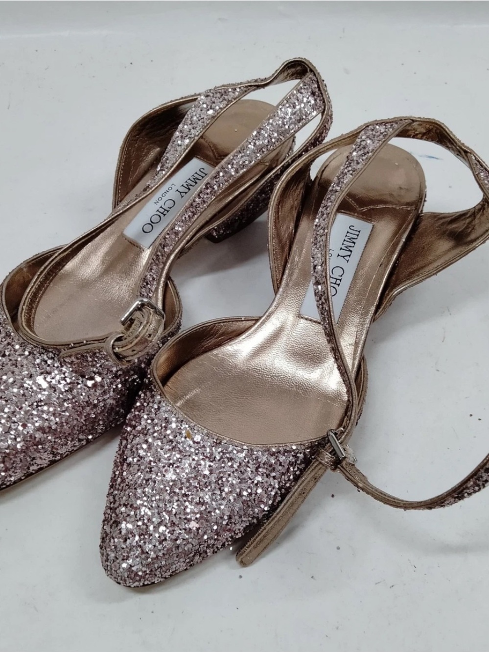 Jimmy Choo Rose Gold Glitter Slingback Heels